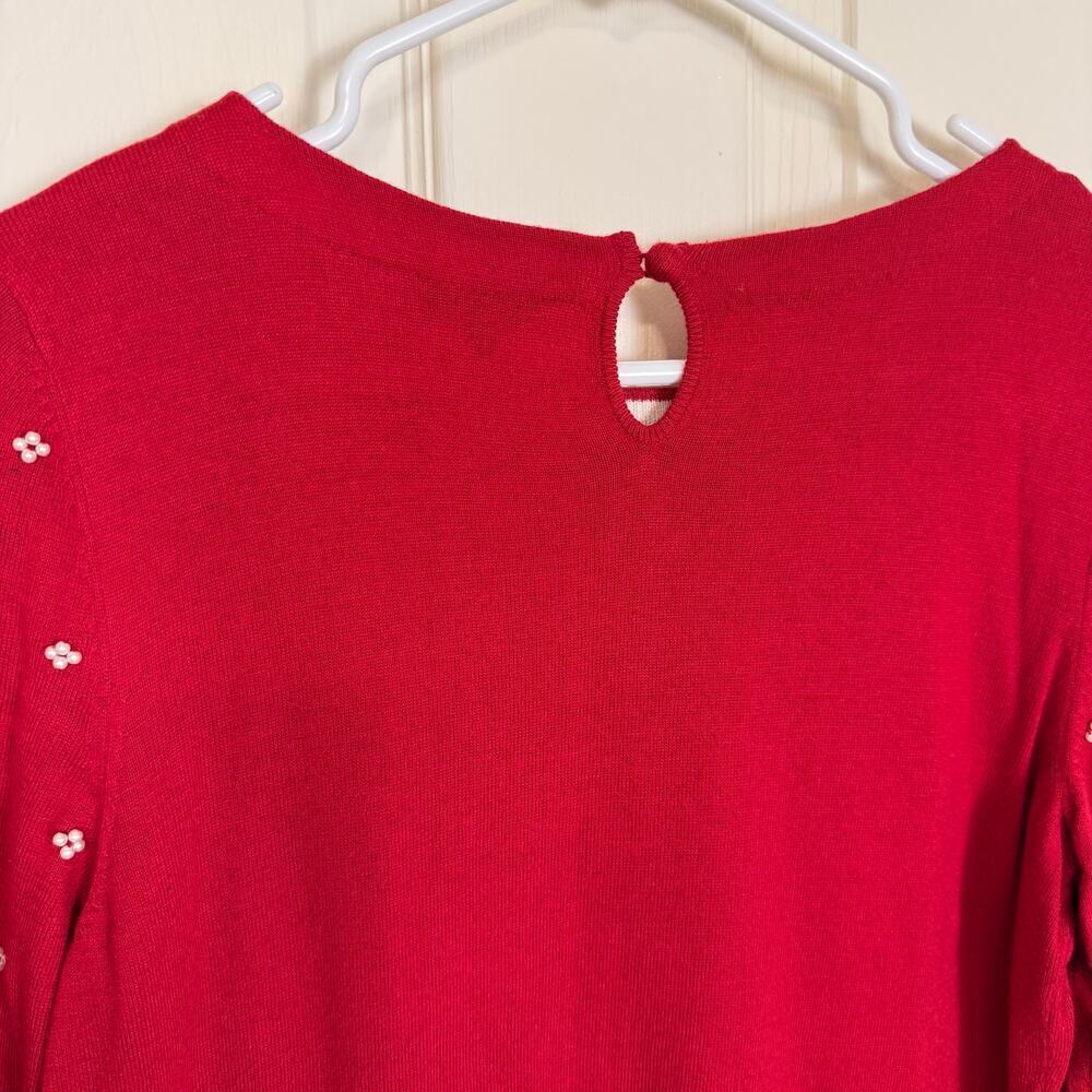 Talbots Pearl Beaded Sweater Red Knit 3/4 Sleeves Medium EUC Feminine Preppy - Picture 4 of 6